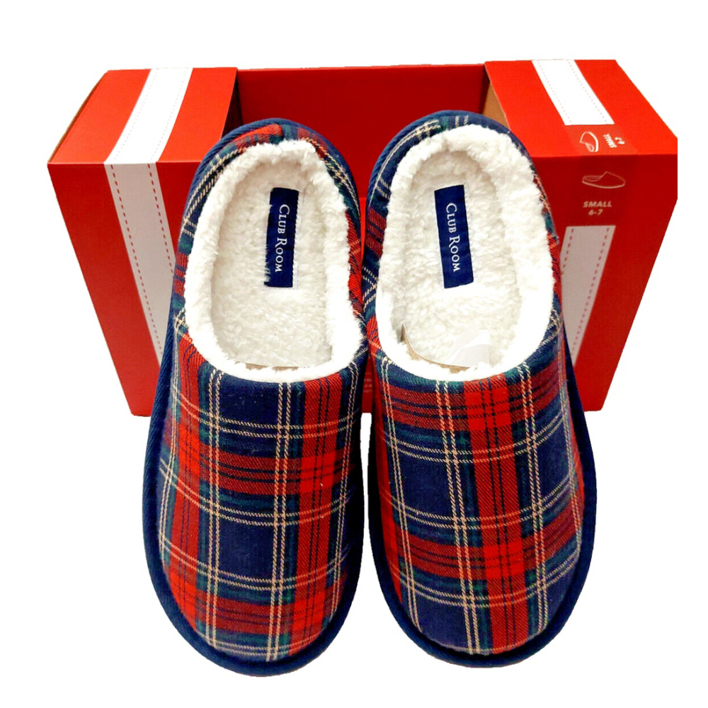 Club Room Men's Red & Blue Plaid Indoor/Outdoor Slippers Size Small 6-7